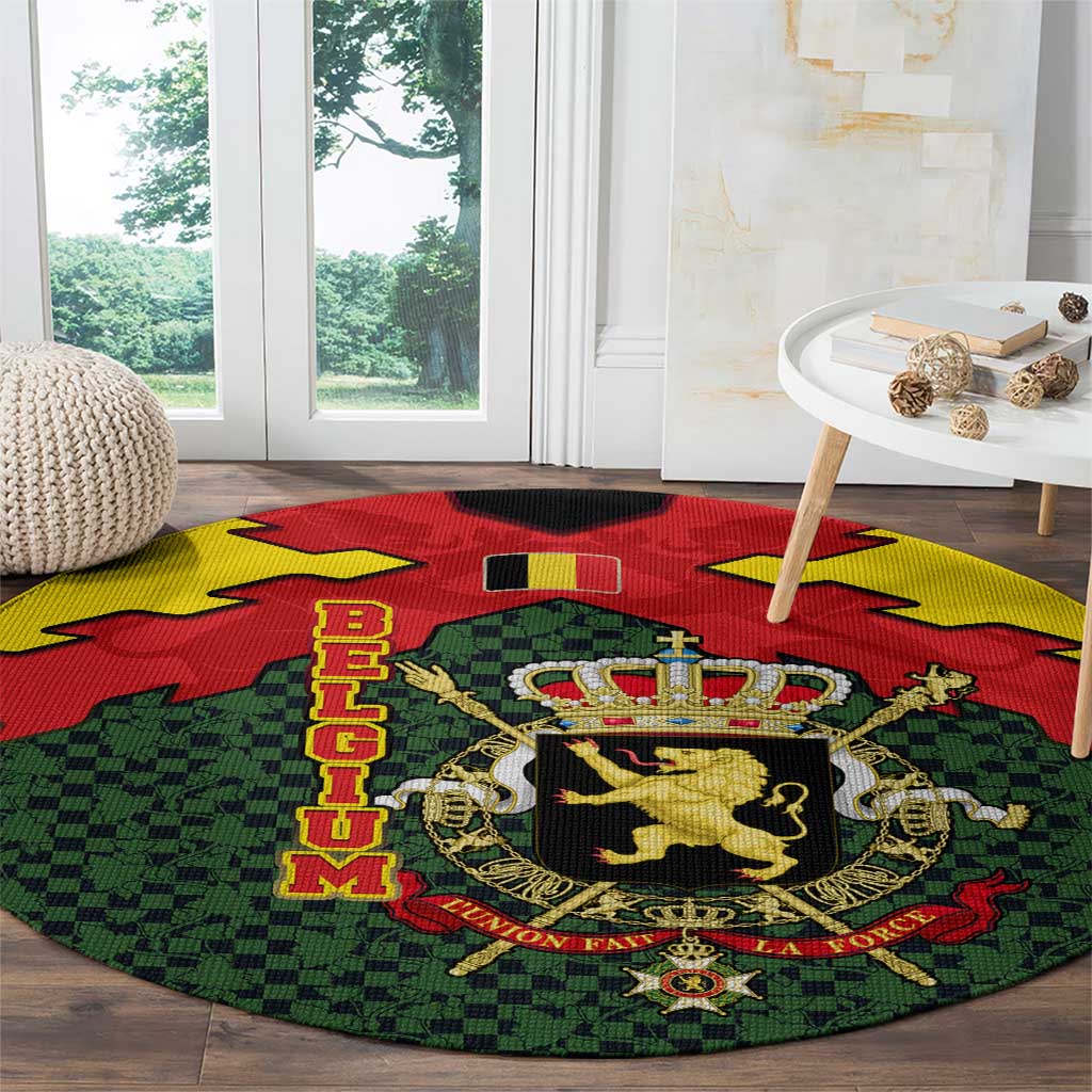 Belgium Round Carpet with Royal Coat of Arms Crown Lion Red Green Checker Spirit
