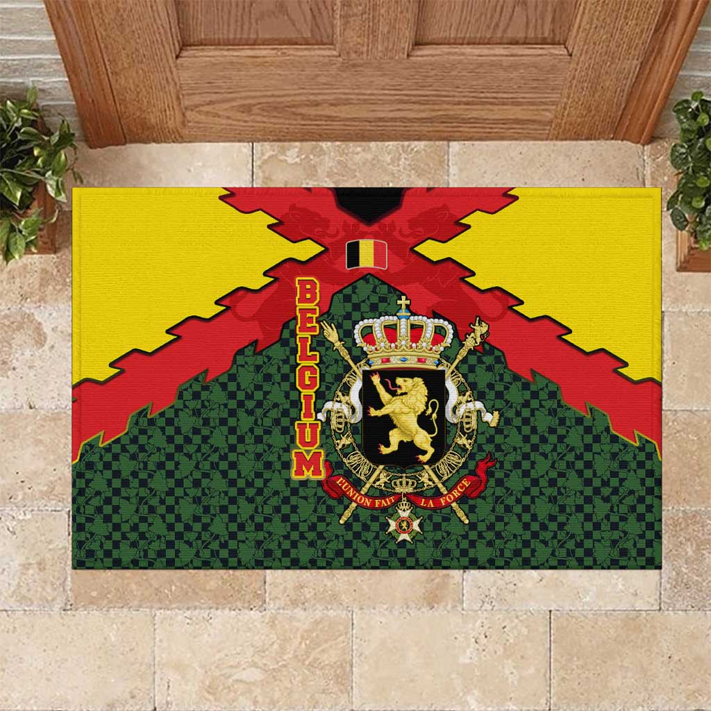 Belgium Rubber Doormat with Royal Coat of Arms Crown Lion Red Green Checker Spirit