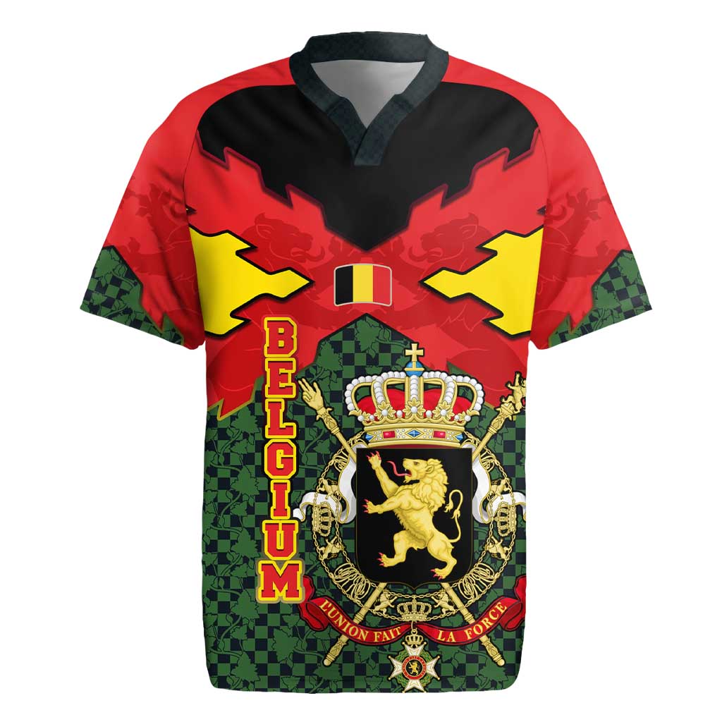 Belgium Rugby Jersey with Royal Coat of Arms Crown Lion Red Green Checker Spirit