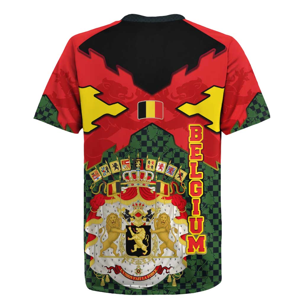 Belgium Rugby Jersey with Royal Coat of Arms Crown Lion Red Green Checker Spirit