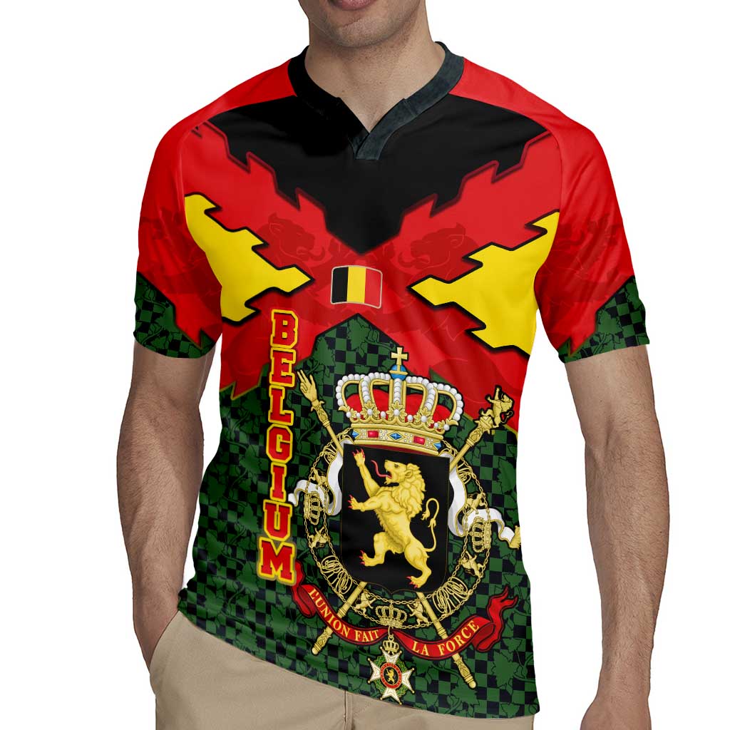 Belgium Rugby Jersey with Royal Coat of Arms Crown Lion Red Green Checker Spirit