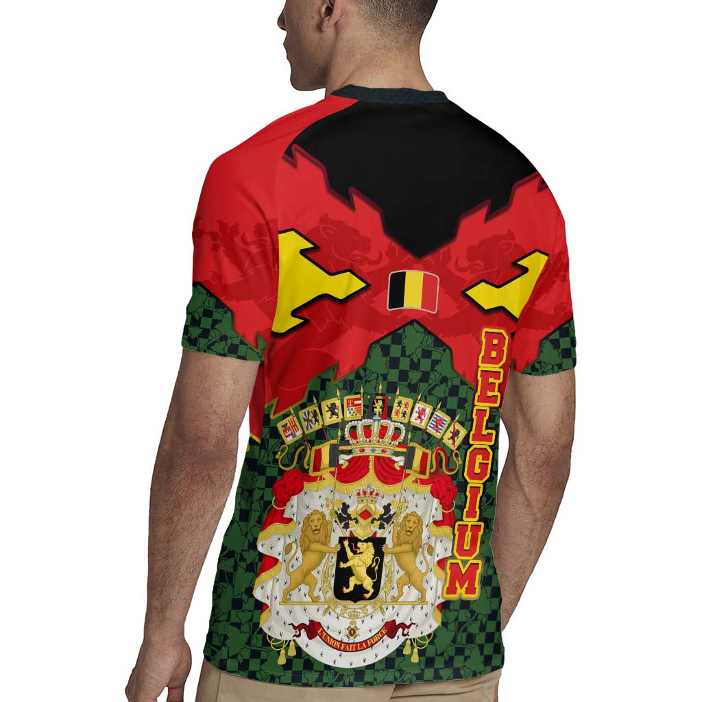 Belgium Rugby Jersey with Royal Coat of Arms Crown Lion Red Green Checker Spirit
