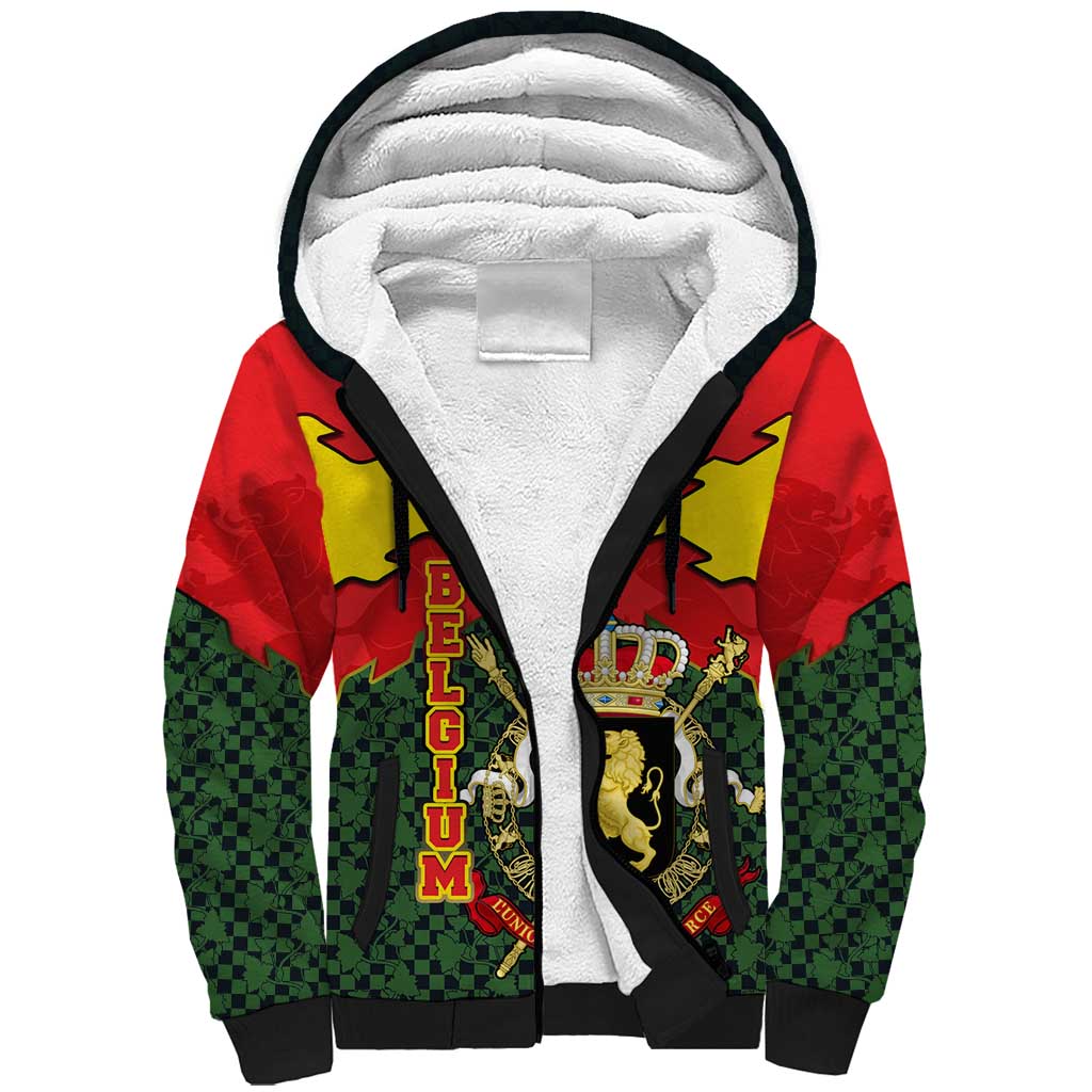Belgium Sherpa Hoodie with Royal Coat of Arms Crown Lion Red Green Checker Spirit