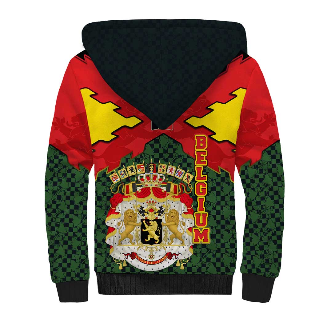 Belgium Sherpa Hoodie with Royal Coat of Arms Crown Lion Red Green Checker Spirit