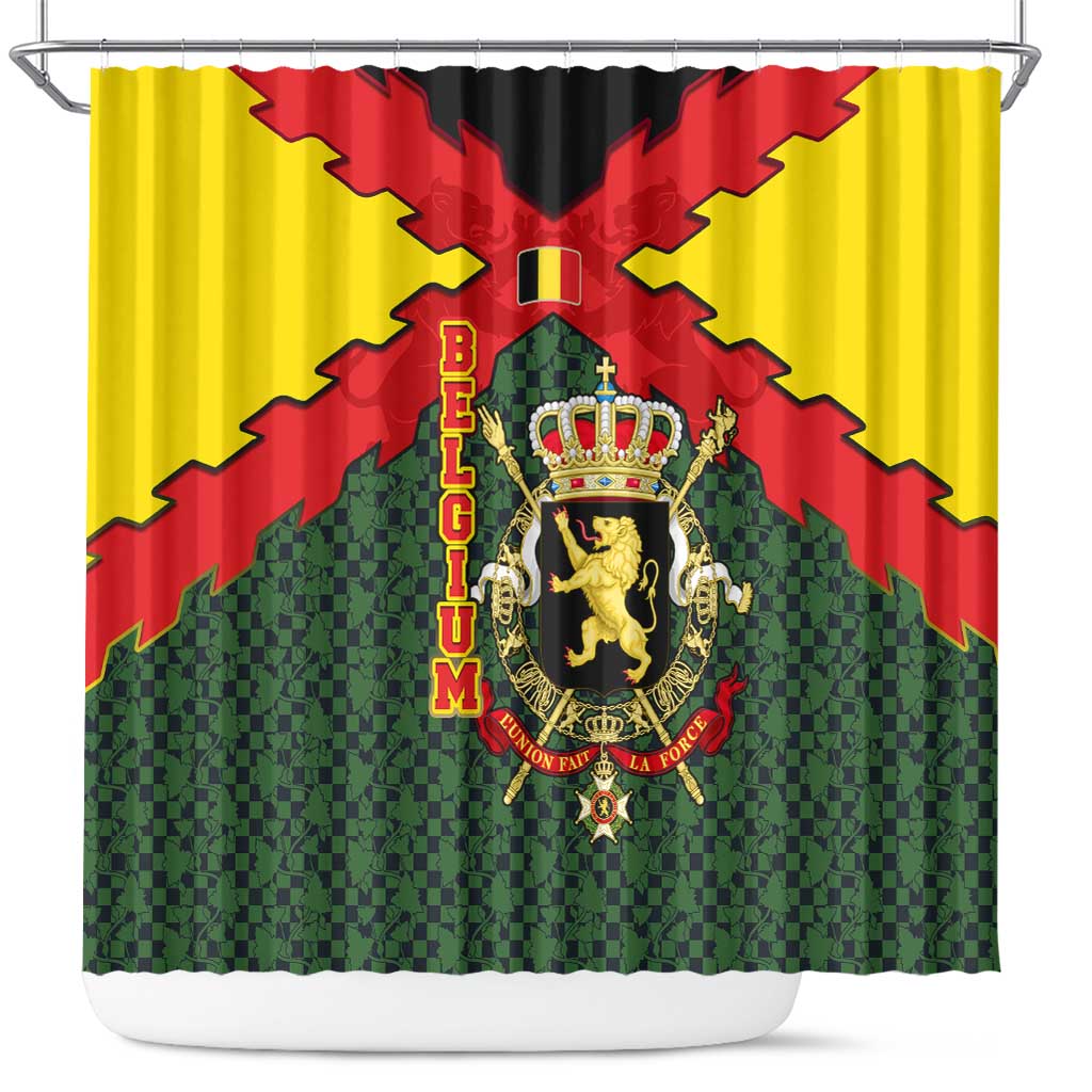 Belgium Shower Curtain with Royal Coat of Arms Crown Lion Red Green Checker Spirit