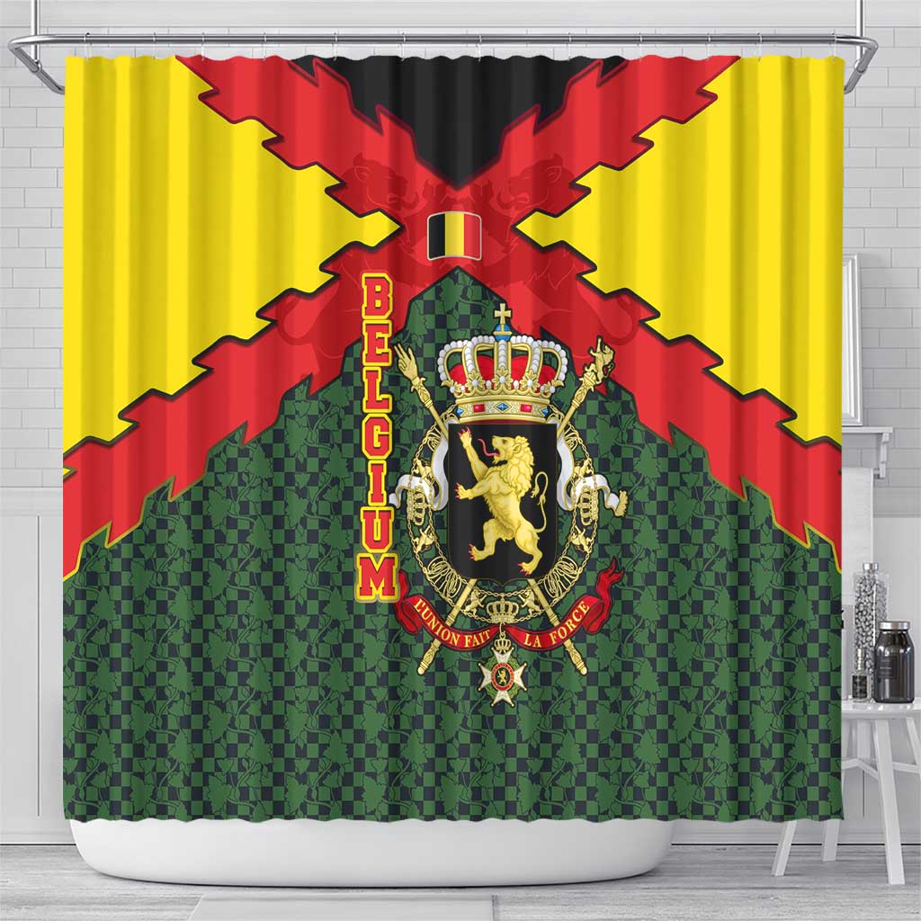 Belgium Shower Curtain with Royal Coat of Arms Crown Lion Red Green Checker Spirit