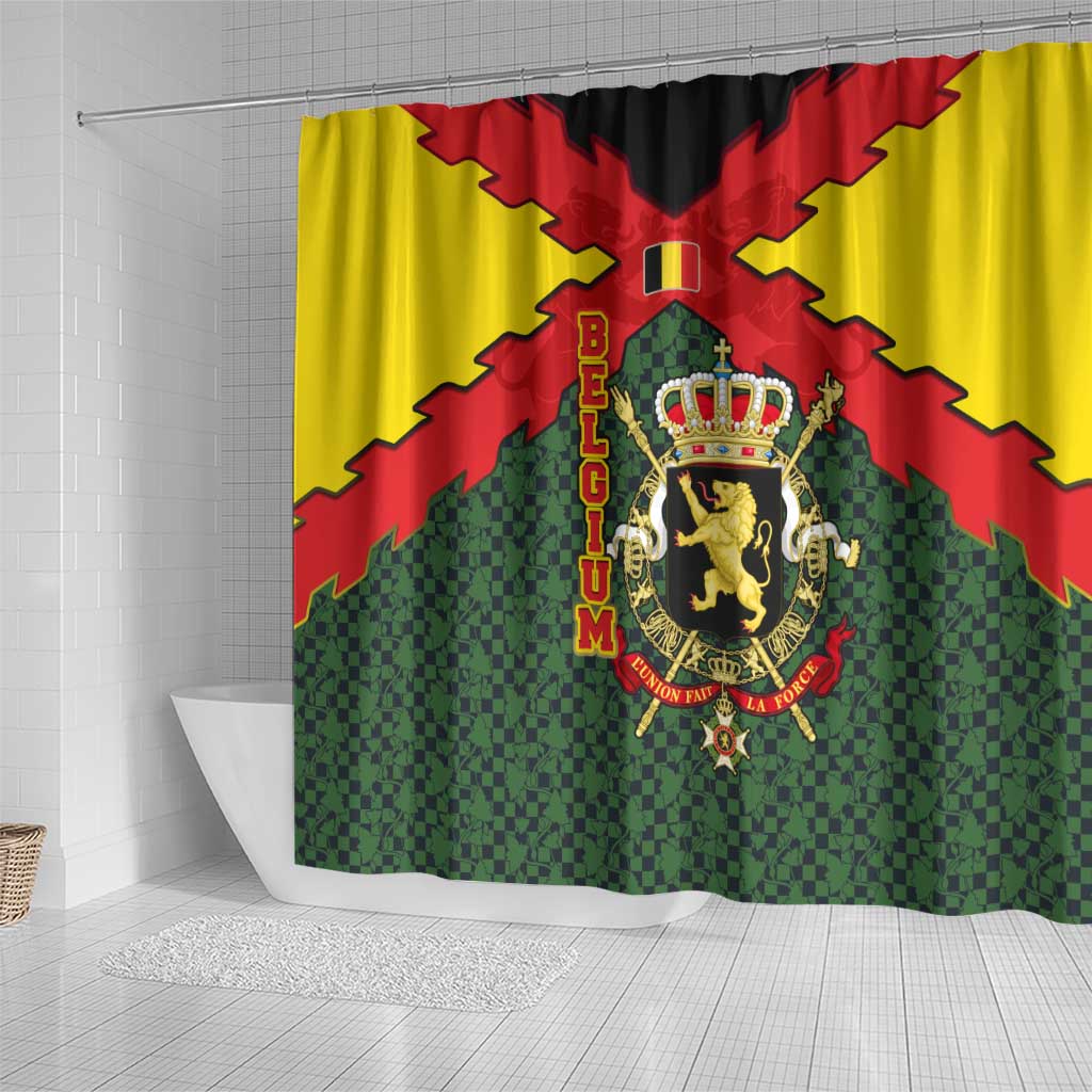 Belgium Shower Curtain with Royal Coat of Arms Crown Lion Red Green Checker Spirit