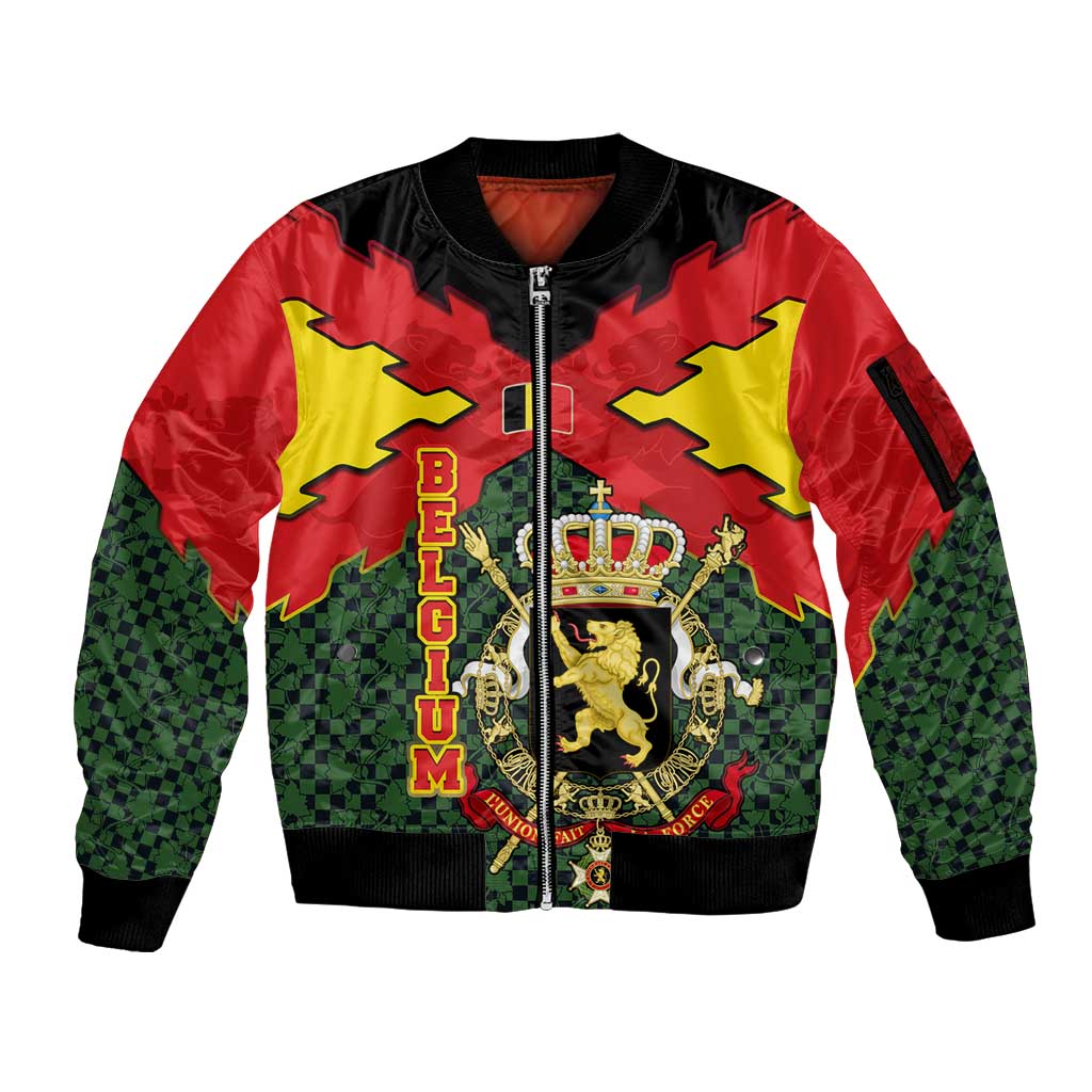 Belgium Sleeve Zip Bomber Jacket with Royal Coat of Arms Crown Lion Red Green Checker Spirit