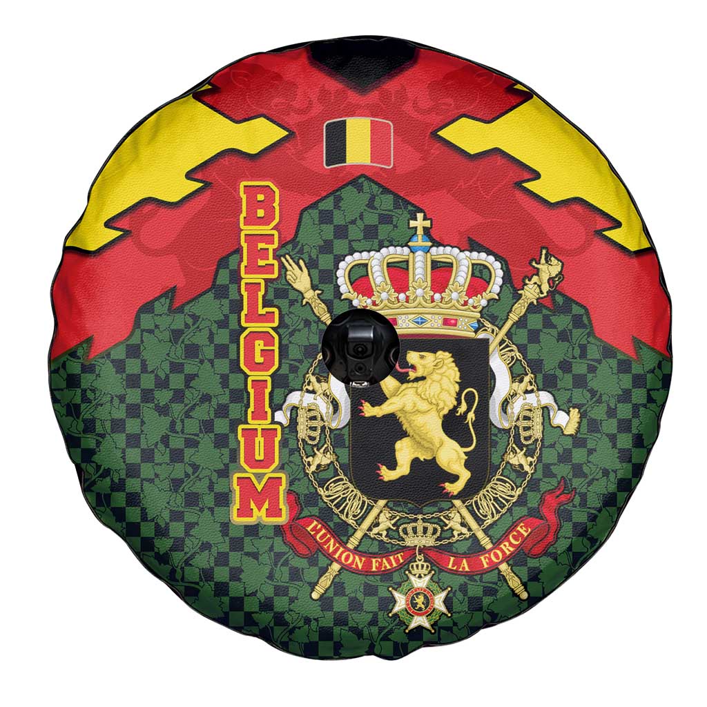 Belgium Spare Tire Cover with Royal Coat of Arms Crown Lion Red Green Checker Spirit