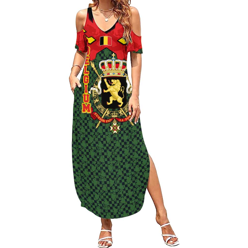 Belgium Summer Maxi Dress with Royal Coat of Arms Crown Lion Red Green Checker Spirit