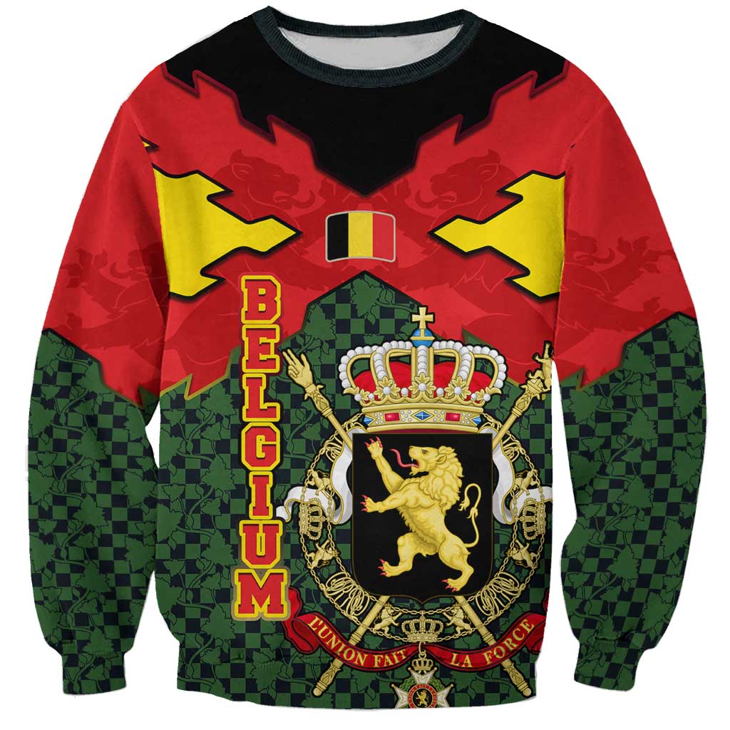 Belgium Sweatshirt with Royal Coat of Arms Crown Lion Red Green Checker Spirit