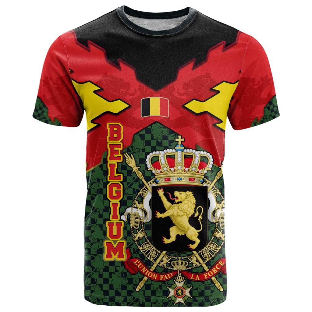 Belgium T Shirt with Royal Coat of Arms Crown Lion Red Green Checker Spirit