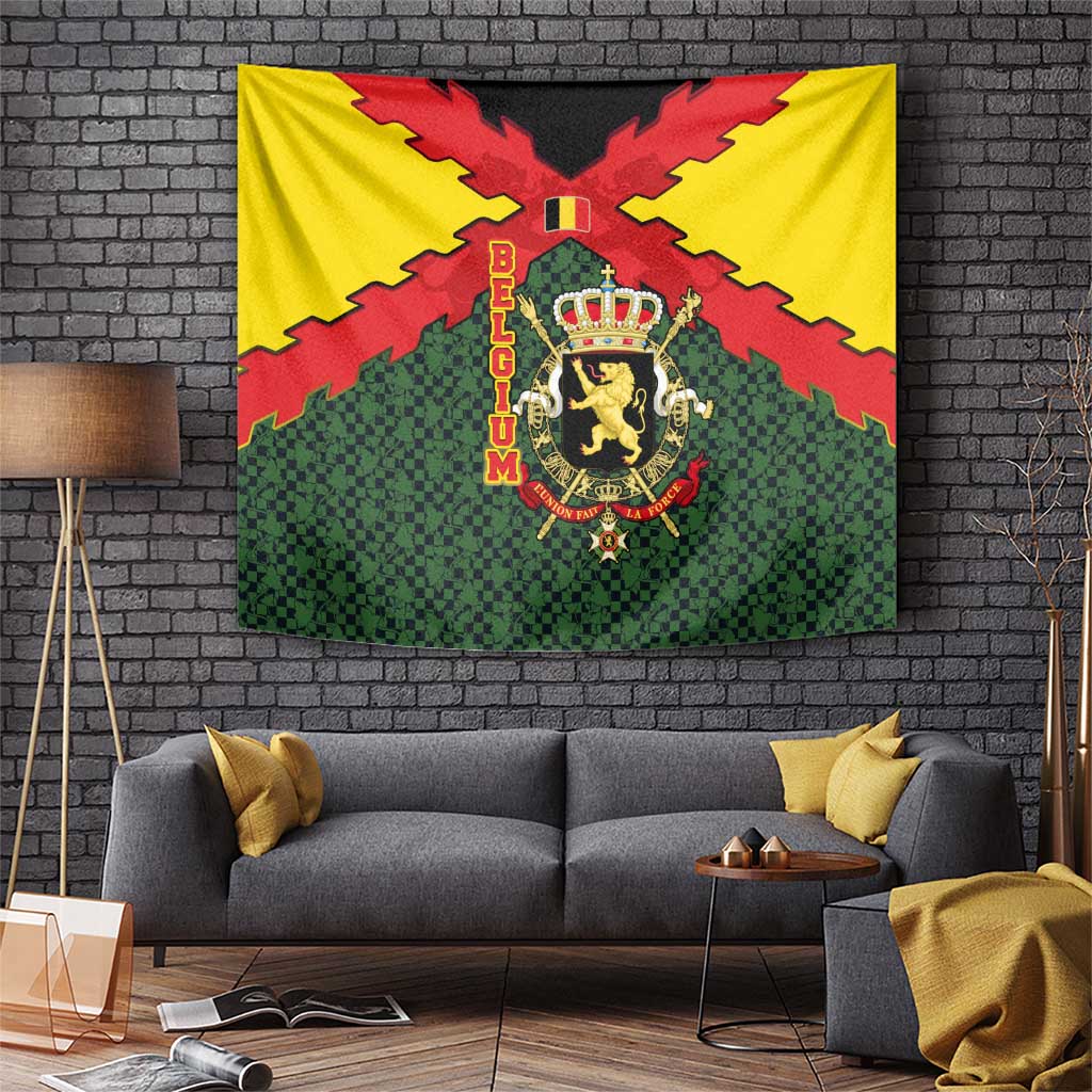 Belgium Tapestry with Royal Coat of Arms Crown Lion Red Green Checker Spirit