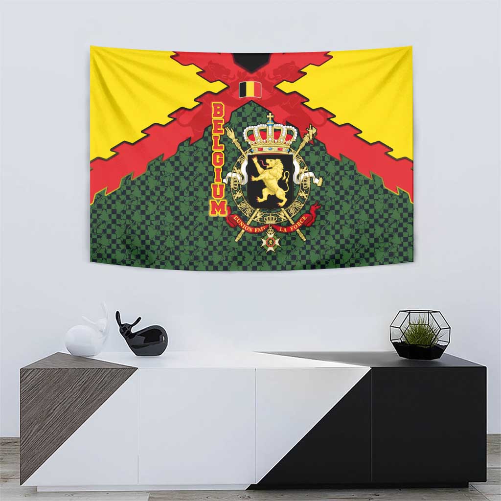 Belgium Tapestry with Royal Coat of Arms Crown Lion Red Green Checker Spirit