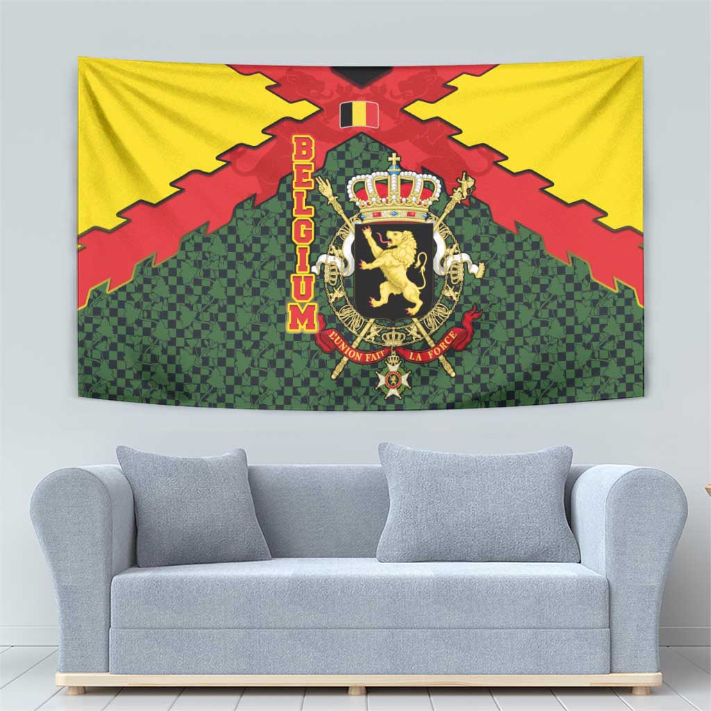 Belgium Tapestry with Royal Coat of Arms Crown Lion Red Green Checker Spirit