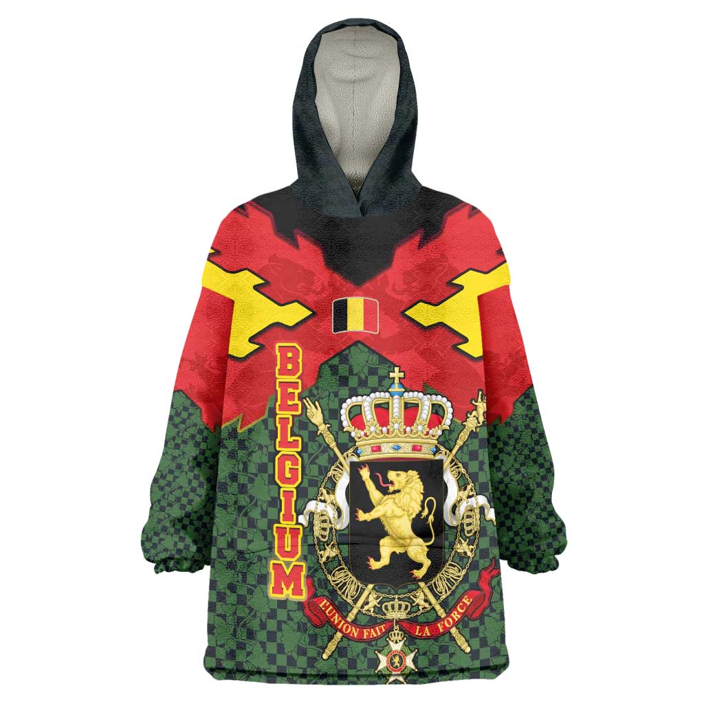 Belgium Wearable Blanket Hoodie with Royal Coat of Arms Crown Lion Red Green Checker Spirit