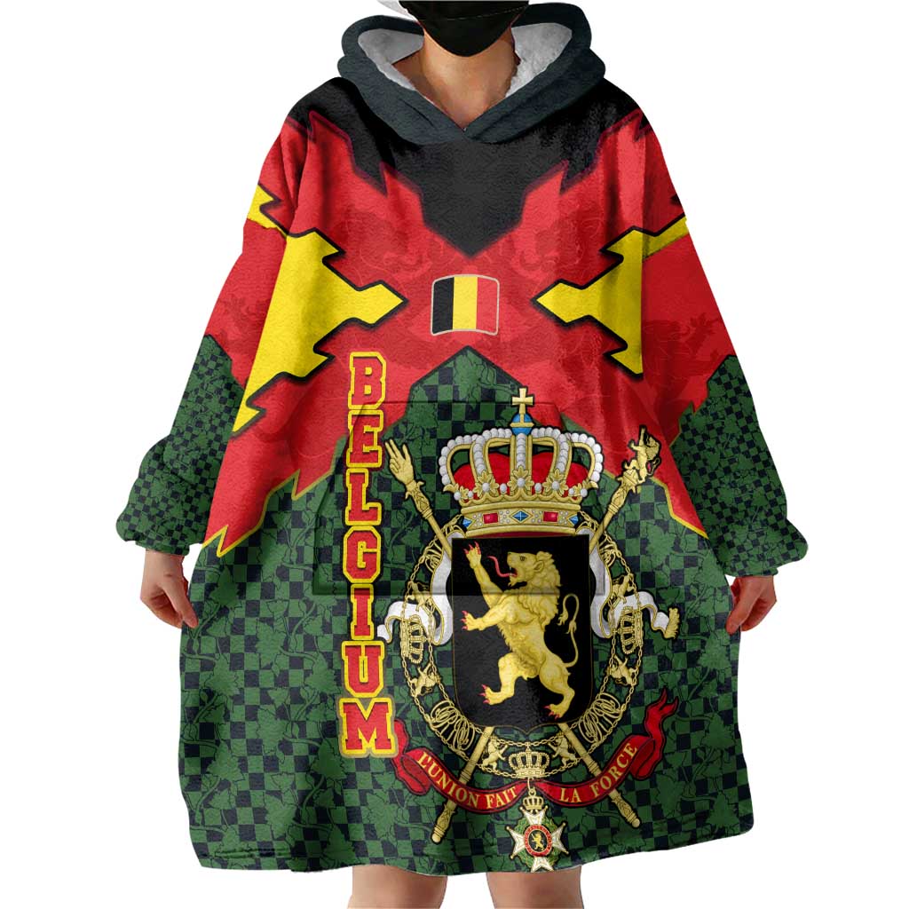 Belgium Wearable Blanket Hoodie with Royal Coat of Arms Crown Lion Red Green Checker Spirit