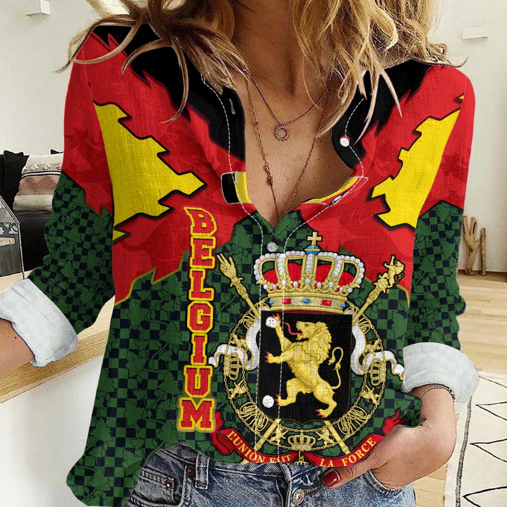 Belgium Women Casual Shirt with Royal Coat of Arms Crown Lion Red Green Checker Spirit