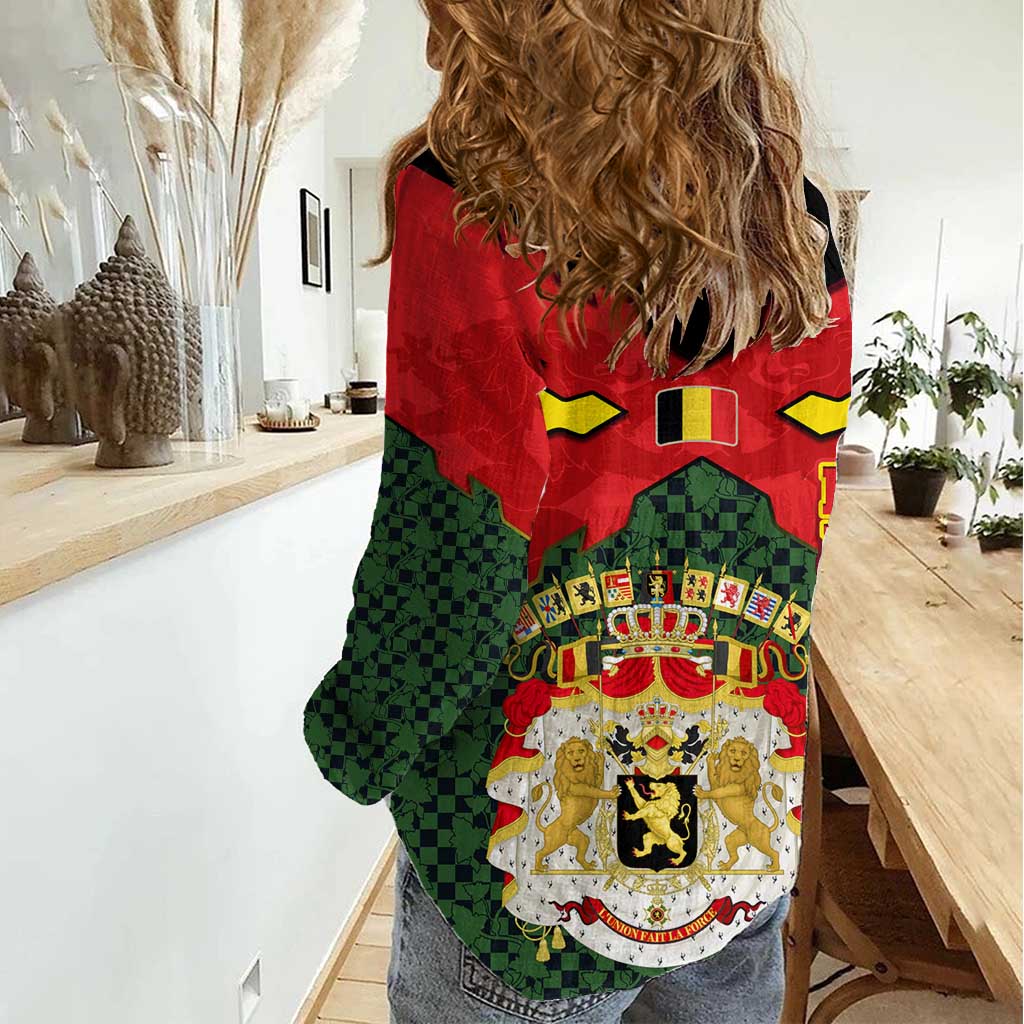 Belgium Women Casual Shirt with Royal Coat of Arms Crown Lion Red Green Checker Spirit