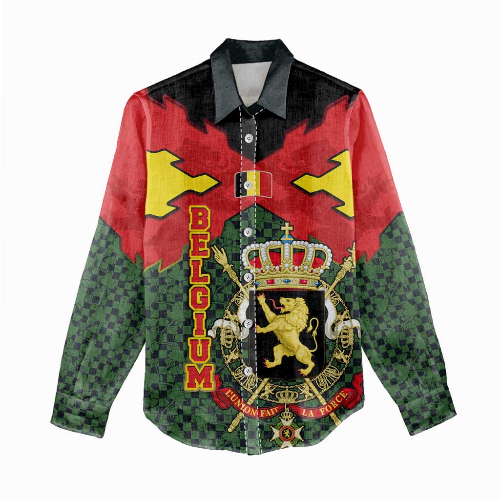Belgium Women Casual Shirt with Royal Coat of Arms Crown Lion Red Green Checker Spirit