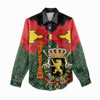 Belgium Women Casual Shirt with Royal Coat of Arms Crown Lion Red Green Checker Spirit
