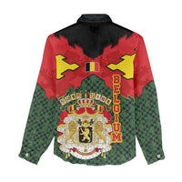 Belgium Women Casual Shirt with Royal Coat of Arms Crown Lion Red Green Checker Spirit