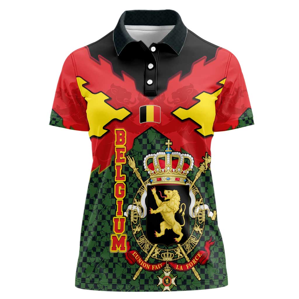 Belgium Women Polo Shirt with Royal Coat of Arms Crown Lion Red Green Checker Spirit