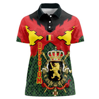 Belgium Women Polo Shirt with Royal Coat of Arms Crown Lion Red Green Checker Spirit