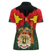 Belgium Women Polo Shirt with Royal Coat of Arms Crown Lion Red Green Checker Spirit