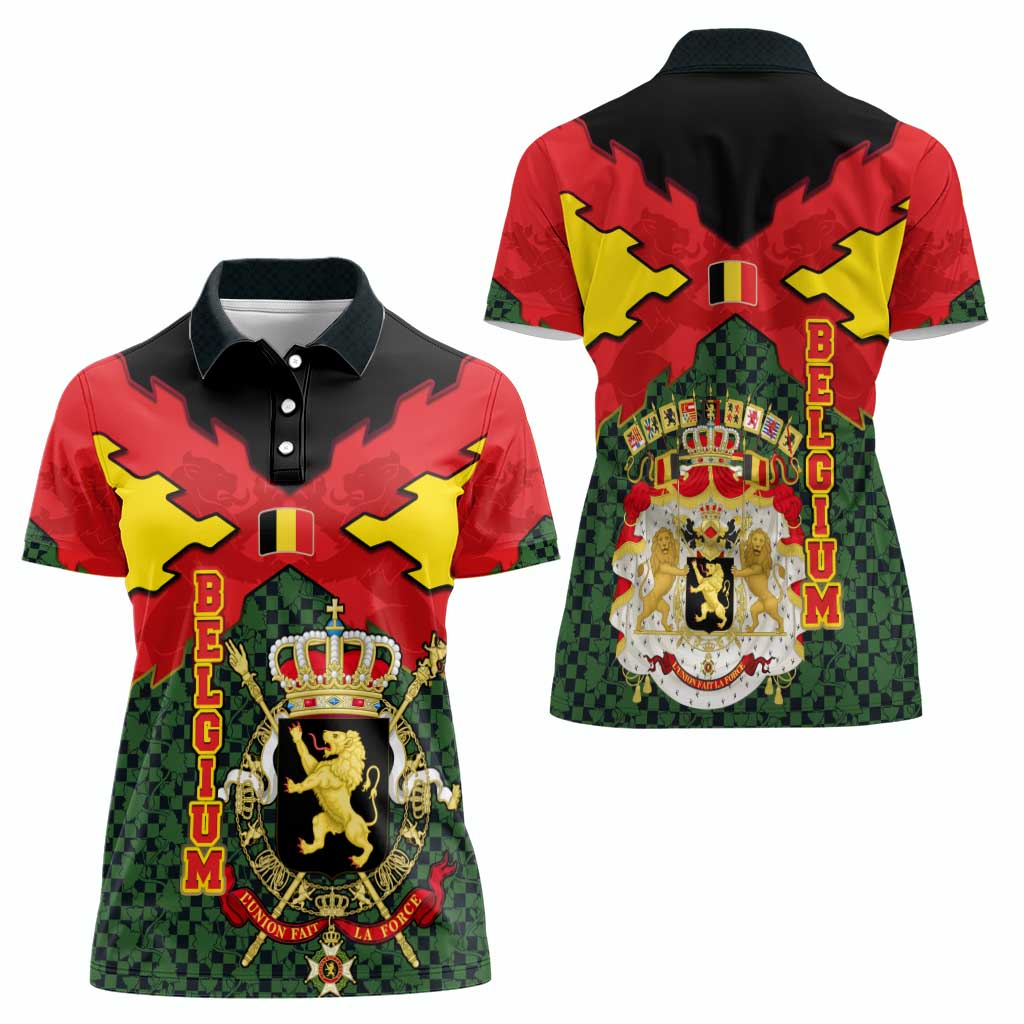 Belgium Women Polo Shirt with Royal Coat of Arms Crown Lion Red Green Checker Spirit