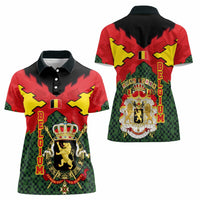 Belgium Women Polo Shirt with Royal Coat of Arms Crown Lion Red Green Checker Spirit