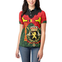 Belgium Women Polo Shirt with Royal Coat of Arms Crown Lion Red Green Checker Spirit