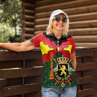Belgium Women Polo Shirt with Royal Coat of Arms Crown Lion Red Green Checker Spirit