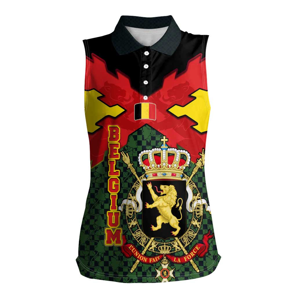 Belgium Women Sleeveless Polo Shirt with Royal Coat of Arms Crown Lion Red Green Checker Spirit