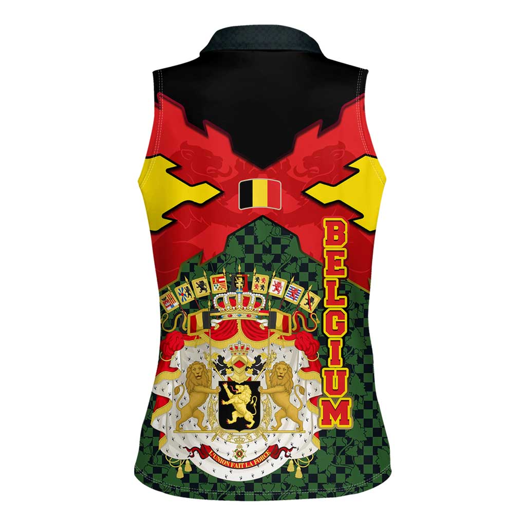 Belgium Women Sleeveless Polo Shirt with Royal Coat of Arms Crown Lion Red Green Checker Spirit
