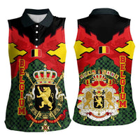 Belgium Women Sleeveless Polo Shirt with Royal Coat of Arms Crown Lion Red Green Checker Spirit