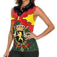 Belgium Women Sleeveless Polo Shirt with Royal Coat of Arms Crown Lion Red Green Checker Spirit