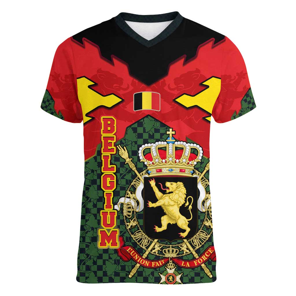 Belgium Women V-Neck T-Shirt with Royal Coat of Arms Crown Lion Red Green Checker Spirit