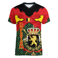 Belgium Women V-Neck T-Shirt with Royal Coat of Arms Crown Lion Red Green Checker Spirit