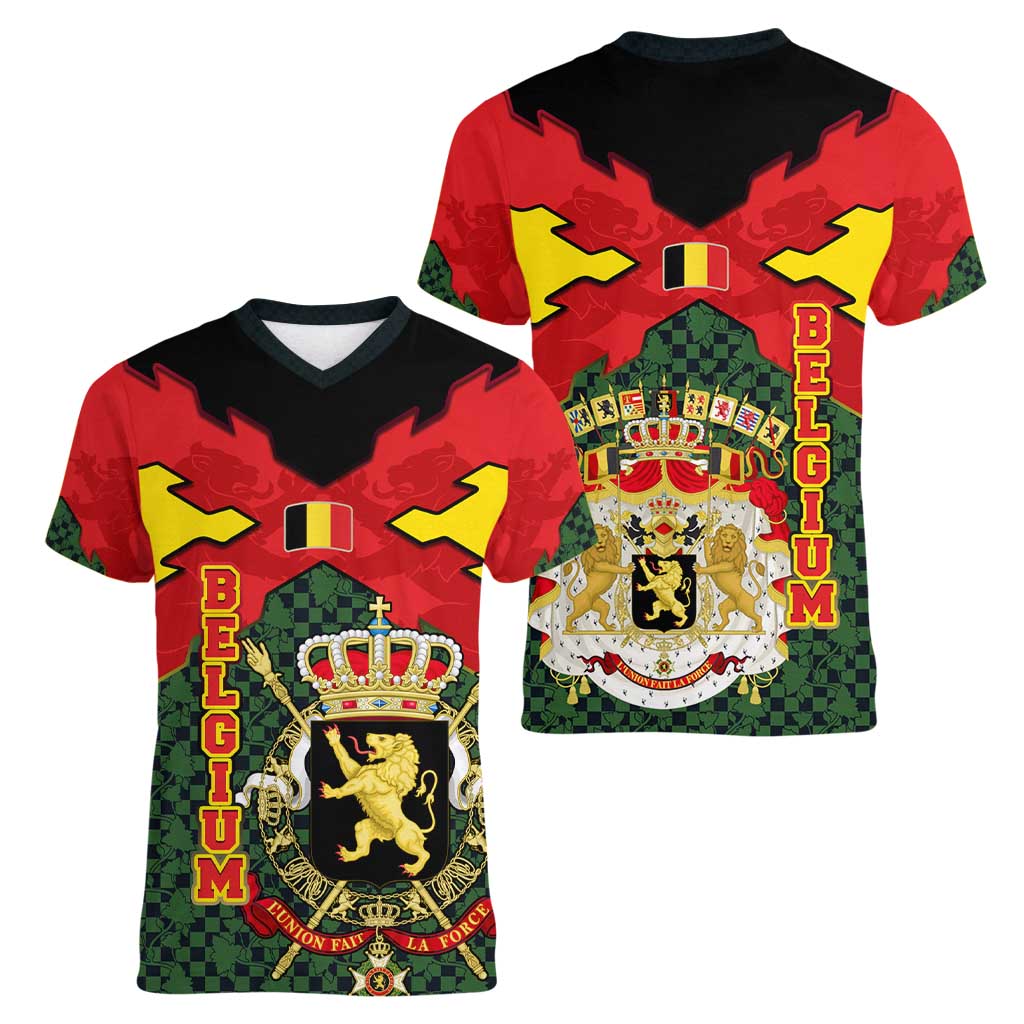Belgium Women V-Neck T-Shirt with Royal Coat of Arms Crown Lion Red Green Checker Spirit
