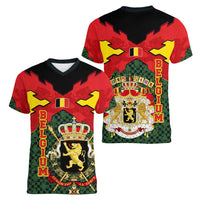Belgium Women V-Neck T-Shirt with Royal Coat of Arms Crown Lion Red Green Checker Spirit