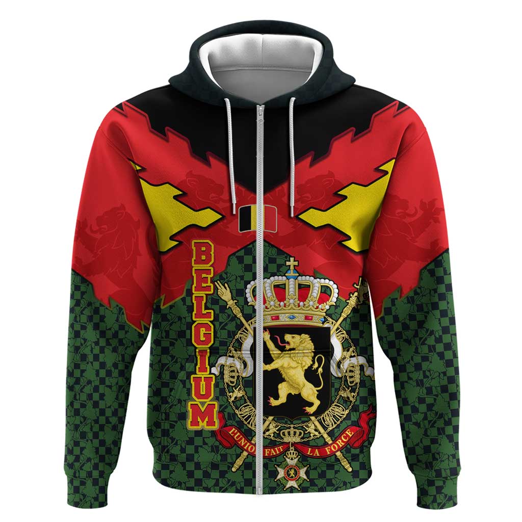 Belgium Zip Hoodie with Royal Coat of Arms Crown Lion Red Green Checker Spirit