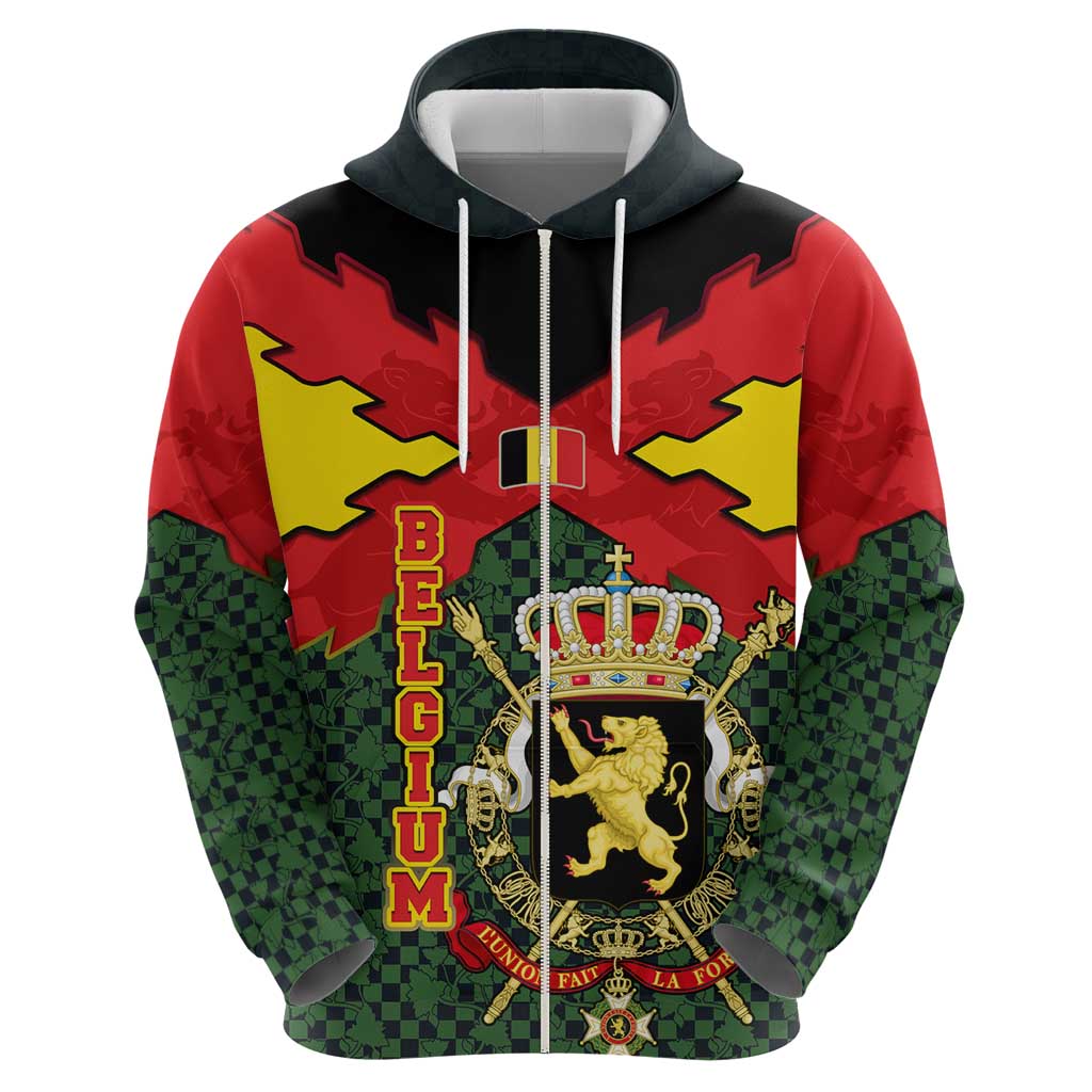 Belgium Zip Hoodie with Royal Coat of Arms Crown Lion Red Green Checker Spirit