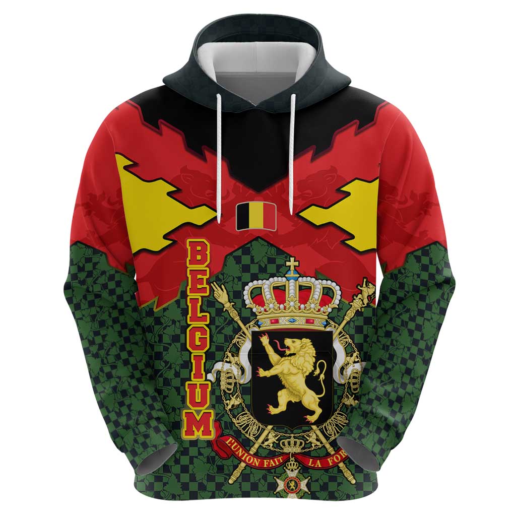 Belgium Zip Hoodie with Royal Coat of Arms Crown Lion Red Green Checker Spirit