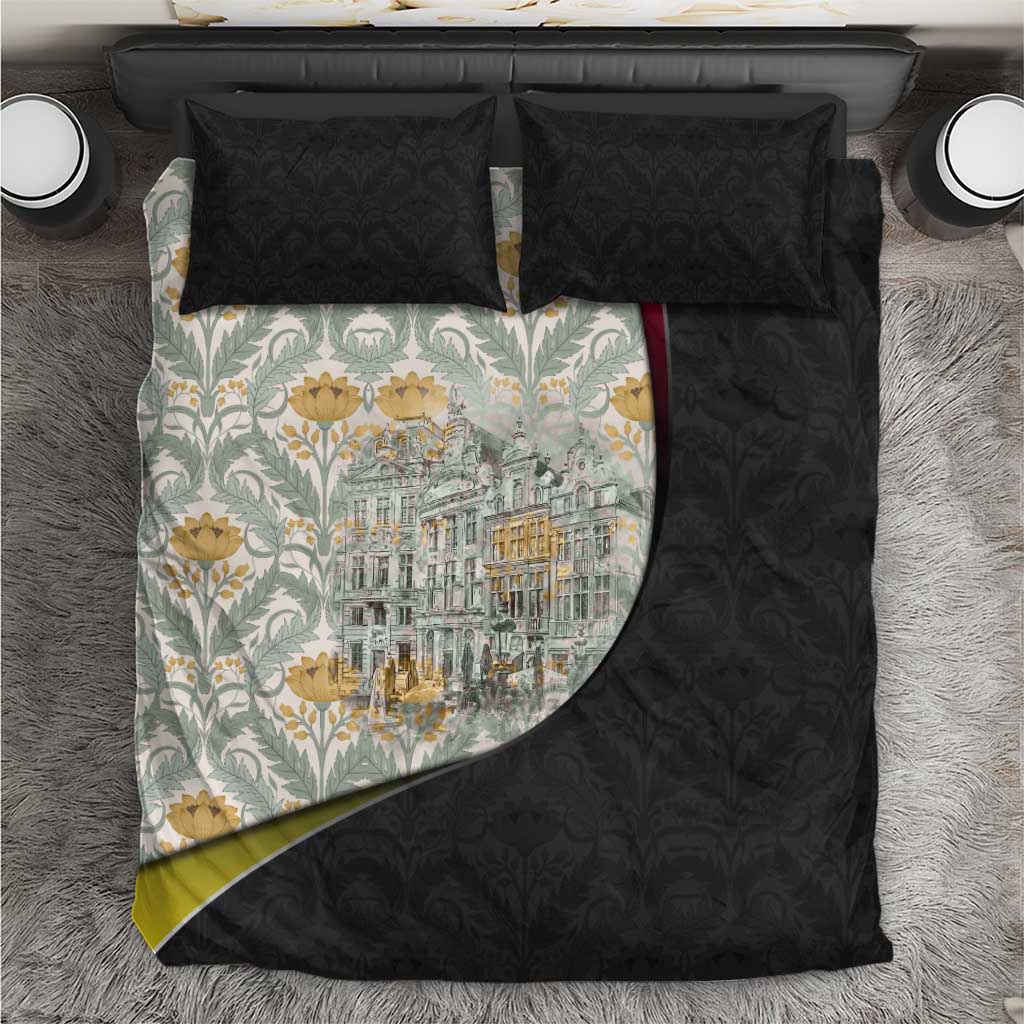 Belgium Bedding Set with Grand Place Brussels Art Nouveau Floral Spirit