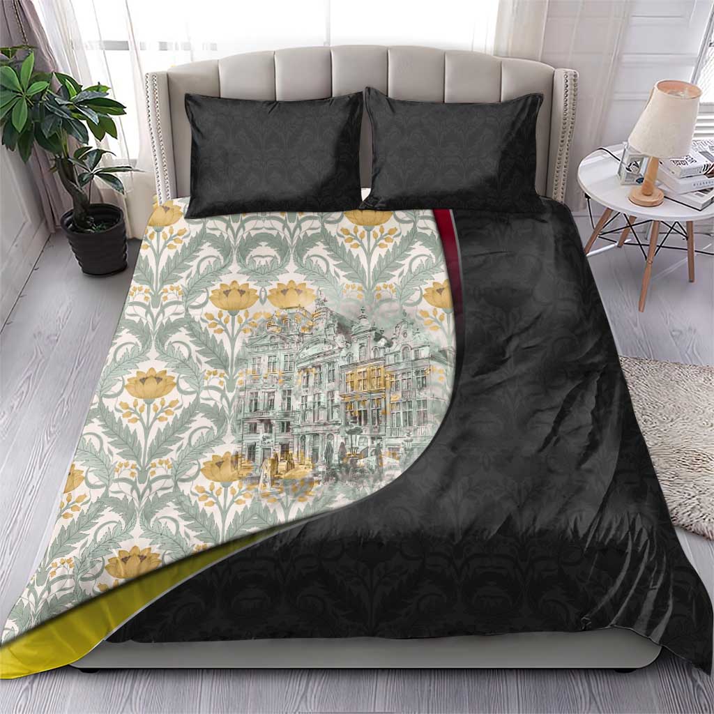Belgium Bedding Set with Grand Place Brussels Art Nouveau Floral Spirit