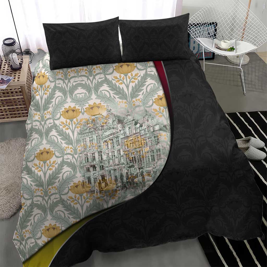 Belgium Bedding Set with Grand Place Brussels Art Nouveau Floral Spirit