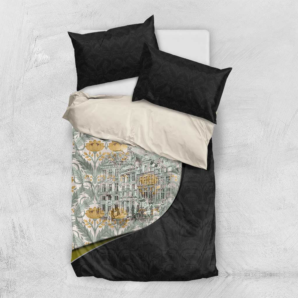Belgium Bedding Set with Grand Place Brussels Art Nouveau Floral Spirit