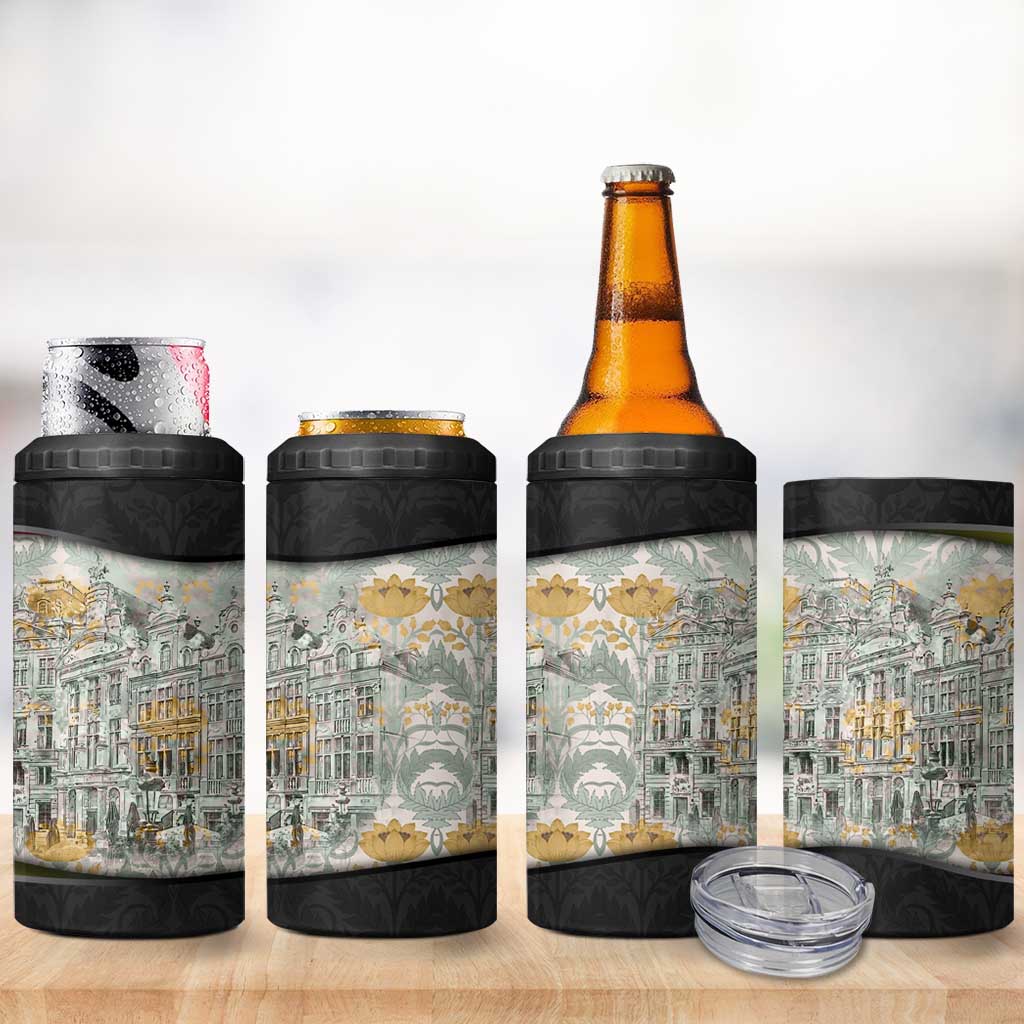 Belgium 4 in 1 Can Cooler Tumbler with Grand Place Brussels Art Nouveau Floral Spirit