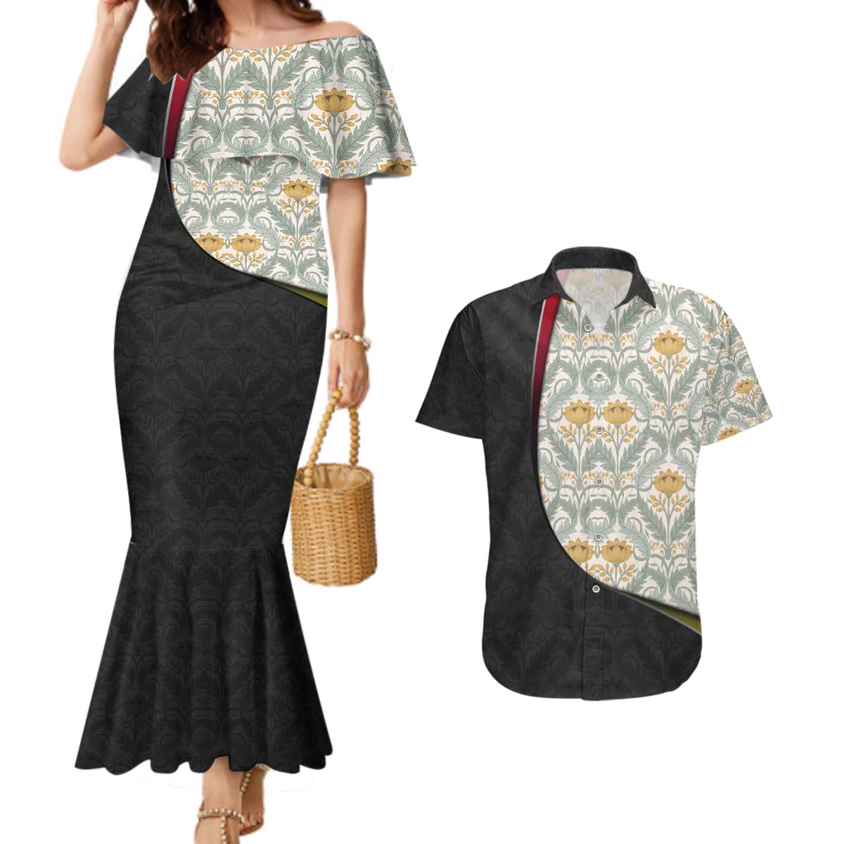 Belgium Couples Matching Mermaid Dress and Hawaiian Shirt with Grand Place Brussels Art Nouveau Floral Spirit
